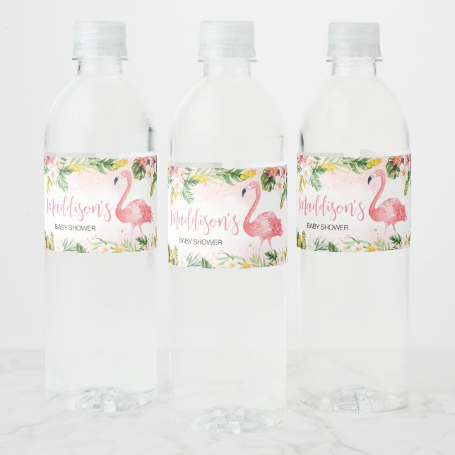  Pink Aloha Flamingo Baby Shower  Water Bottle Label (Bottles)