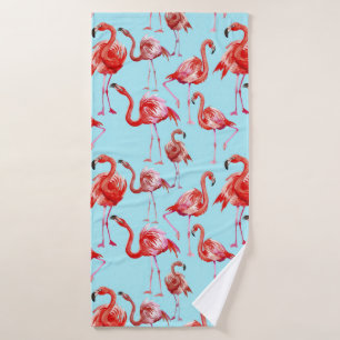 Pink Aloha Flamingo Bird Pattern on Teal Bath Towel Set