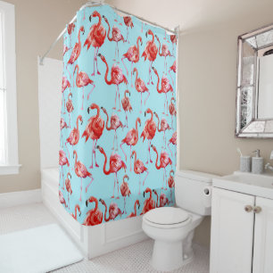 Pink Aloha Flamingo Bird Pattern on Teal Shower Curtain