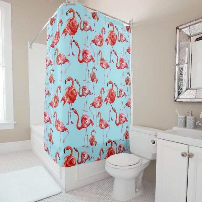 Pink Aloha Flamingo Bird Pattern on Teal Shower Curtain (In Situ)