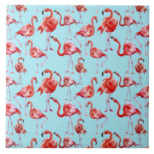 Pink Aloha Flamingo Bird Pattern on Teal Tile (Front)