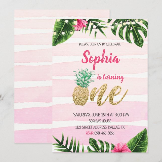 Pink Aloha Gold One Birthday Invitation (Front/Back)