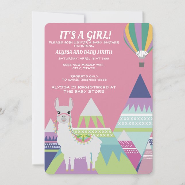 Pink Alpaca Balloon Baby Girl Shower Invitation (Front)