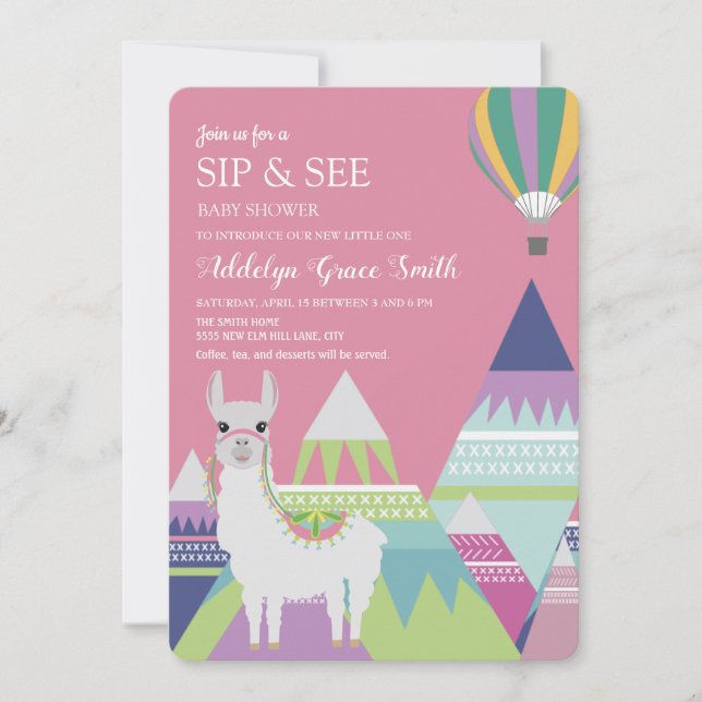 Pink Alpaca Balloon Baby Girl Sip See Baby Shower Invitation (Front)