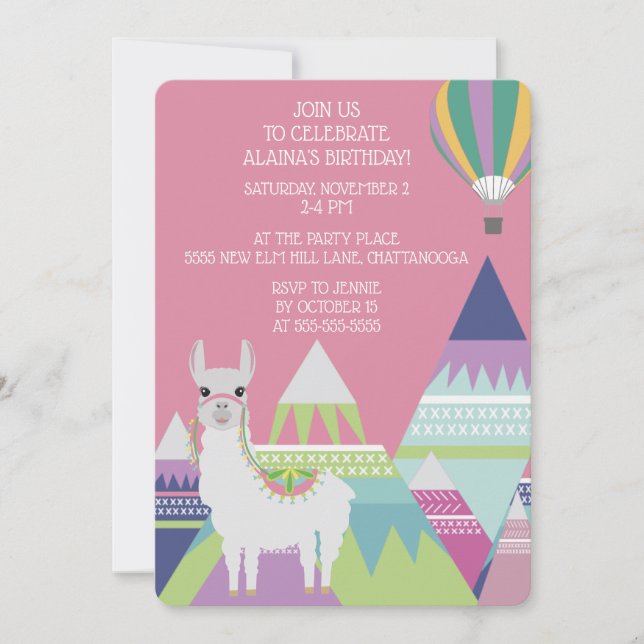 Pink Alpaca Balloon Little Girl Birthday Invitation (Front)