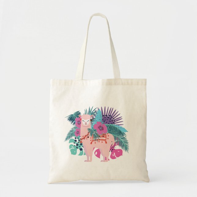 Pink alpaca, llama tropical leaves and flowers des tote bag (Front)