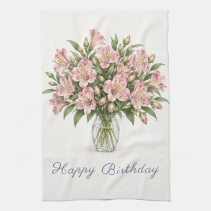 Pink Alstroemeria Happy Birthday Tea Towel