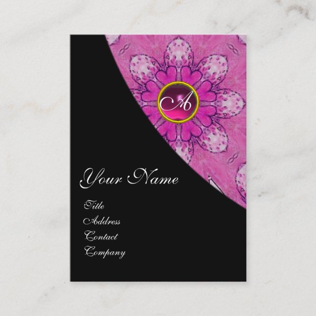 PINK AMETHYST FLORAL  MONOGRAM pink,black, violet Business Card (Front)