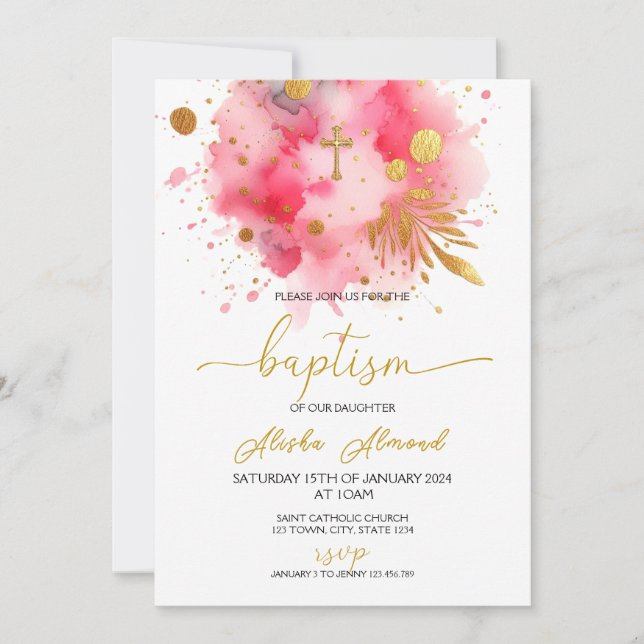 Pink an Gold Watercolor Baptism Invitation (Front)