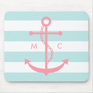 Pink Anchor and Monogram on Mint Stripes Mouse Mat