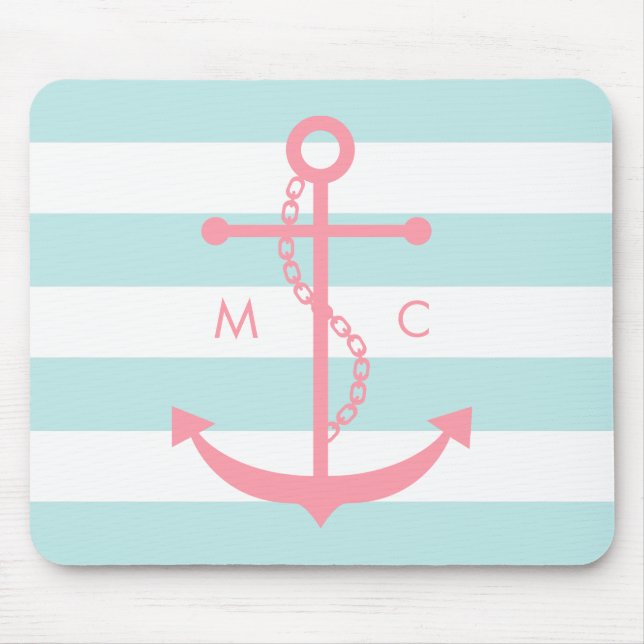 Pink Anchor and Monogram on Mint Stripes Mouse Mat (Front)