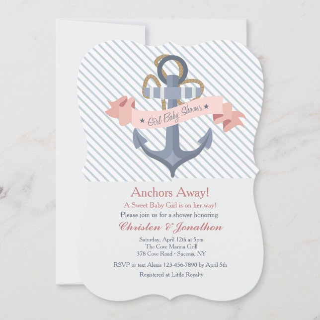 Pink Anchor Banner Baby Shower Invitation (Front)