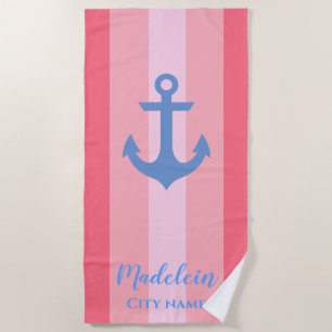  Pink Anchor Modern Nautical Stripes Custom Name B Beach Towel