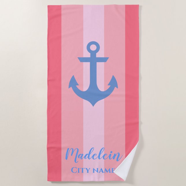  Pink Anchor Modern Nautical Stripes Custom Name B Beach Towel (Front)