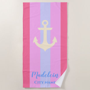  Pink Anchor Modern Nautical Stripes Custom Name  Beach Towel