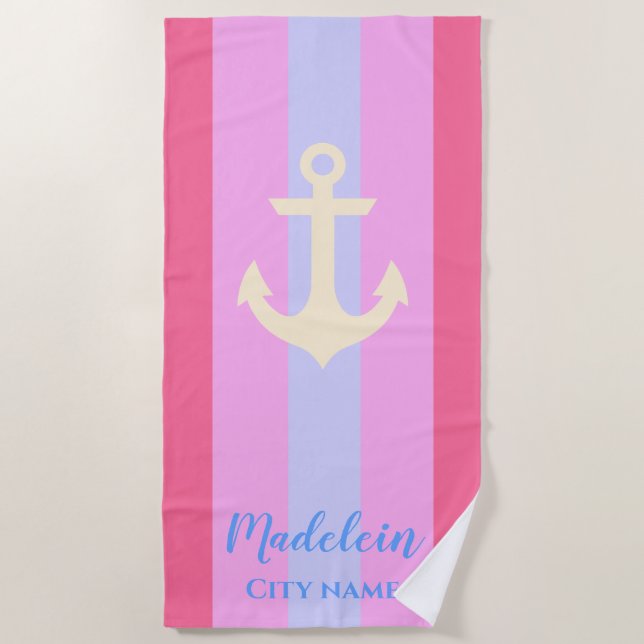  Pink Anchor Modern Nautical Stripes Custom Name  Beach Towel (Front)