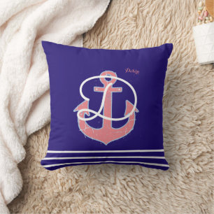 pink anchor on blue personalised nautical cushion