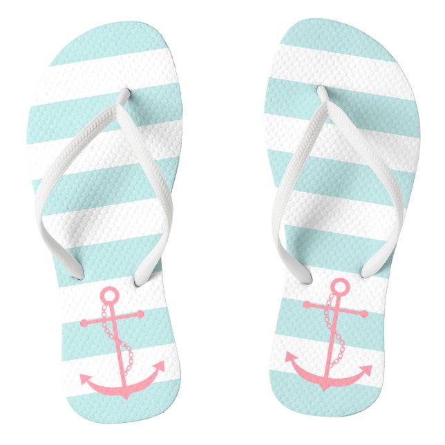 Pink Anchor on Mint Stripes Flip Flops (Footbed)