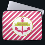 Pink Anchor & Stripes Electronics Bag<br><div class="desc">An electronics bag featuring an illustration of a pink anchor covered by a green banner.  Personalise with your name in pink on banner.  Anchor is inside circle outlined in green.  Background is hot pink  diagonal stripes.</div>