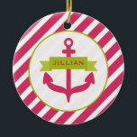 Pink Anchor & Stripes Ornament<br><div class="desc">An ornament featuring an illustration of a pink anchor covered by a green  banner.  Personalise with your name in pink on banner.  Anchor  is inside circle outlined in green.  Background is hot pink  diagonal stripes.</div>