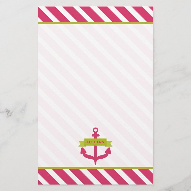 Pink Anchor & Stripes Personalised Stationery (Front)