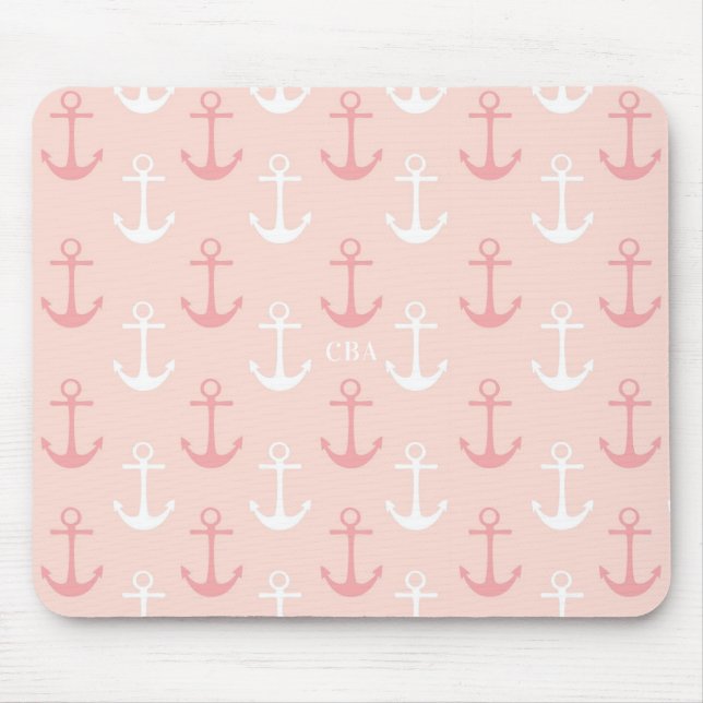 Pink Anchors Pattern Monogram Mousepad (Front)
