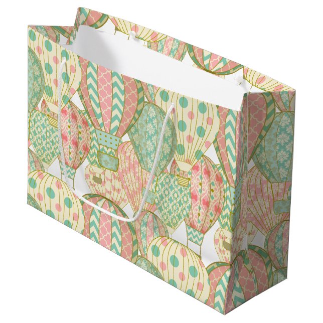 Pink and Aqua Blue Hot Air Balloons Illustration Large Gift Bag (Front Angled)