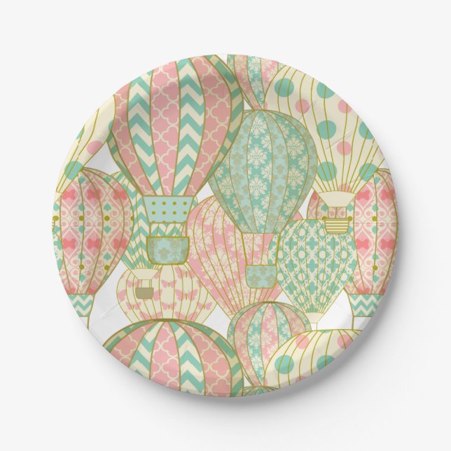 Pink and Aqua Blue Hot Air Balloons Pattern Paper Plate (Front)