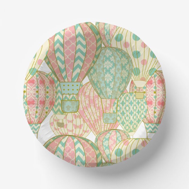 Pink and Aqua Blue Hot Air Balloons Pattern Paper Plate (Front)