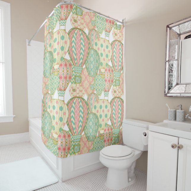Pink and Aqua Blue Hot Air Balloons Shower Curtain (In Situ)