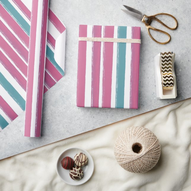  Pink and Aqua Blue Painted Striped Pattern Paper (Crafts)