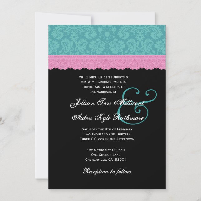 Pink and Aqua Damask  Lace Wedding Monogram P524 Invitation (Front)