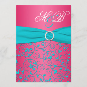 Pink and Aqua Damask Monogrammed Invitation