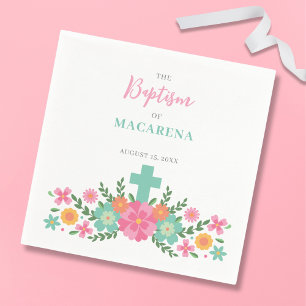 Pink and aqua flowers with cross baby girl Baptism Napkin