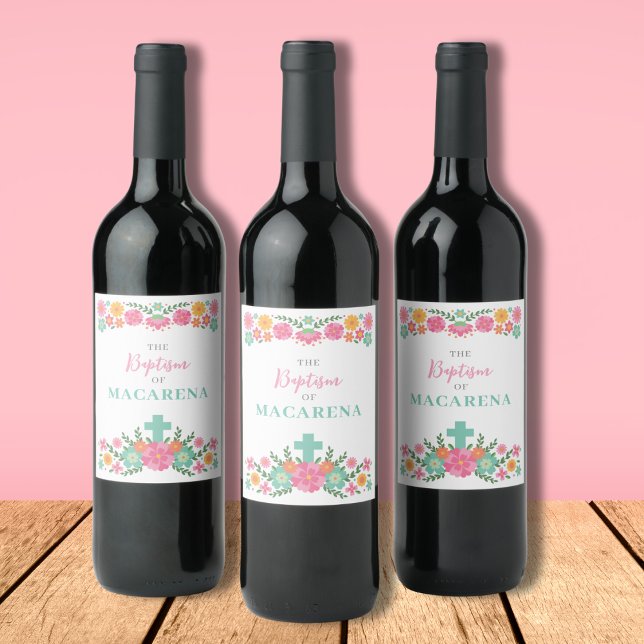Pink and aqua flowers with cross baby girl Baptism Wine Label (Creator Uploaded)