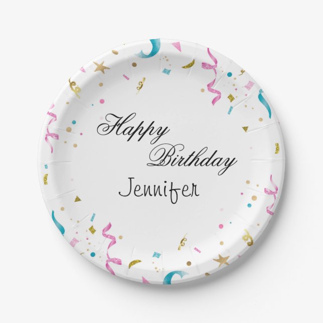 Pink and Aqua Glitter Confetti Paper Plate (Front)