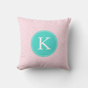 Pink and Aqua Greek Key Pattern Monogram Cushion
