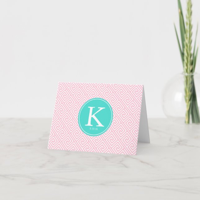 Pink and Aqua Greek Key Pattern Monogram Note Card (Front)