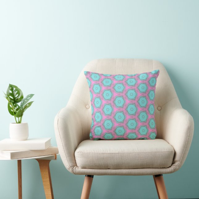 Pink and Aqua Hexagon Spin Geometric Pattern Cushion (Chair)