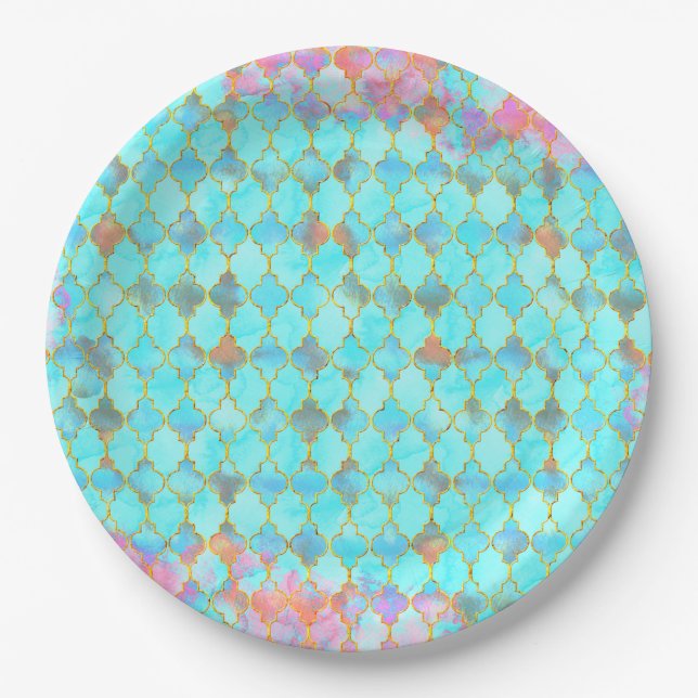 Pink and Aqua Maroccan pattern Paper Plate (Front)
