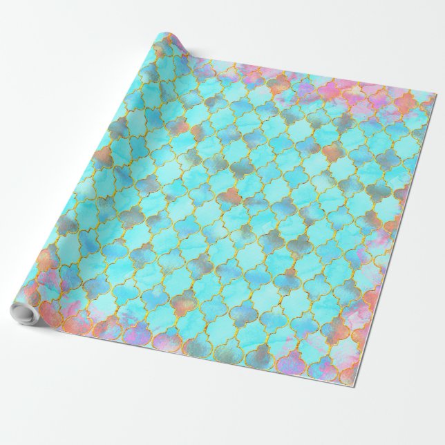 Pink and Aqua Maroccan pattern Wrapping Paper (Unrolled)