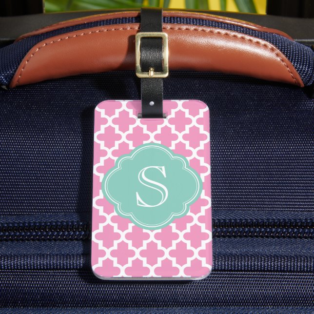 Pink and Aqua Modern Moroccan Custom Monogram Luggage Tag (Front Insitu 2)