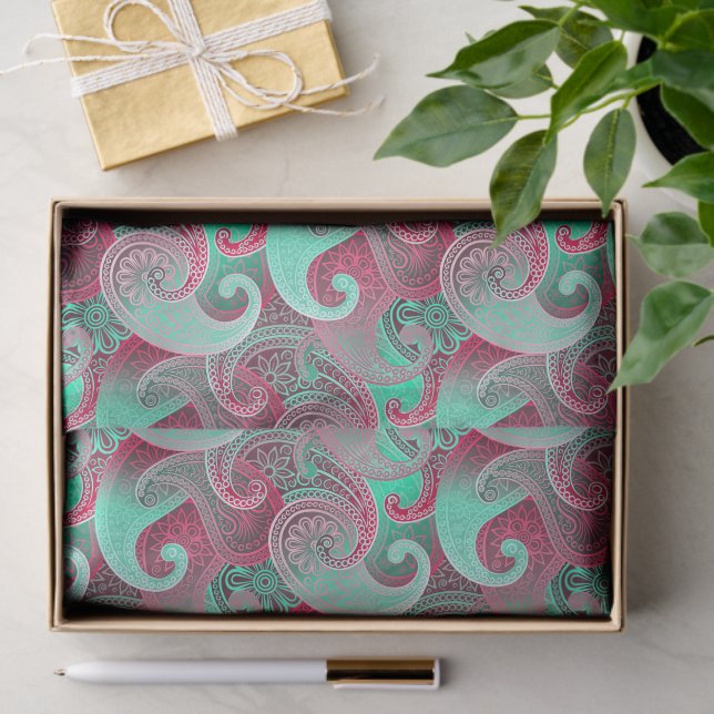 Pink and Aqua Paisley Damask Pattern Tissue Paper (Gift)