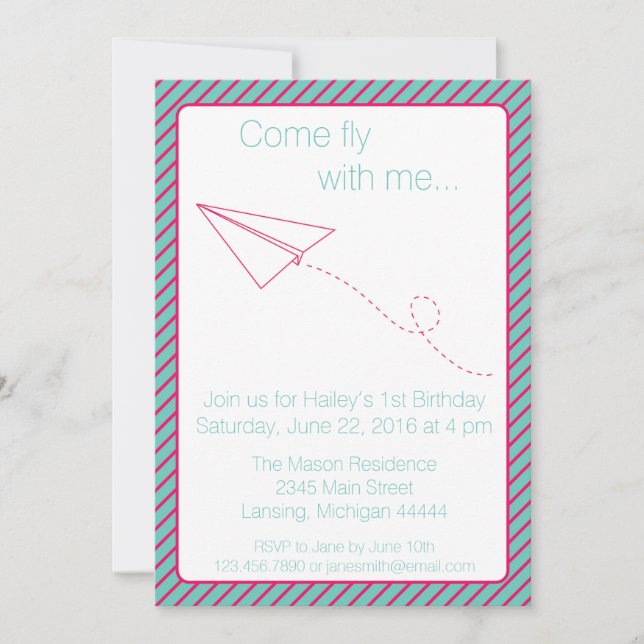 Pink and Aqua Paper Aeroplane Birthday Invite (Front)