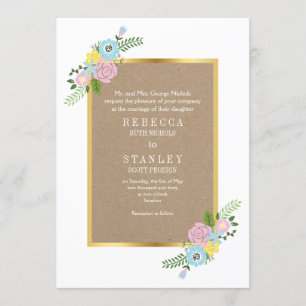 Pink and aqua vintage flowers, kraft paper wedding invitation
