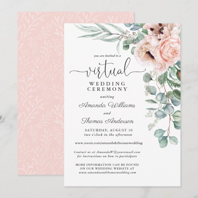 Pink and Beige Floral Poppies Virtual Wedding Invitation (Front/Back)