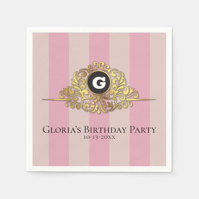 Pink and Beige Gold Monogram Elegant Napkin (Front)