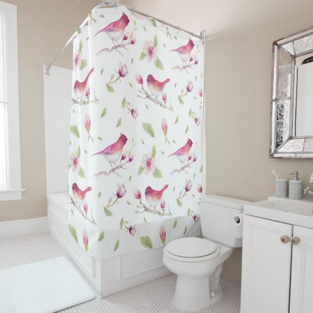 Pink And Beige Magnolia And Birds Shower Curtain (In Situ)