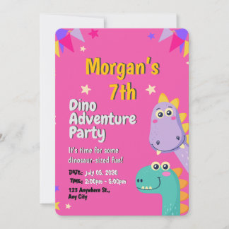 Pink and Beige Playful Cute Dinosaurs Kids Birthda Invitation