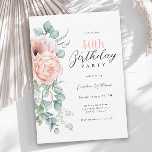 Pink and Beige Watercolor Floral 40th Birthday Invitation